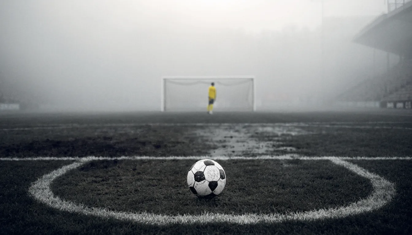 Ein Fußball liegt auf dem Elfmeterpunkt eines nassen Rasenplatzes, im Hintergrund ein leeres Tor im Nebel.