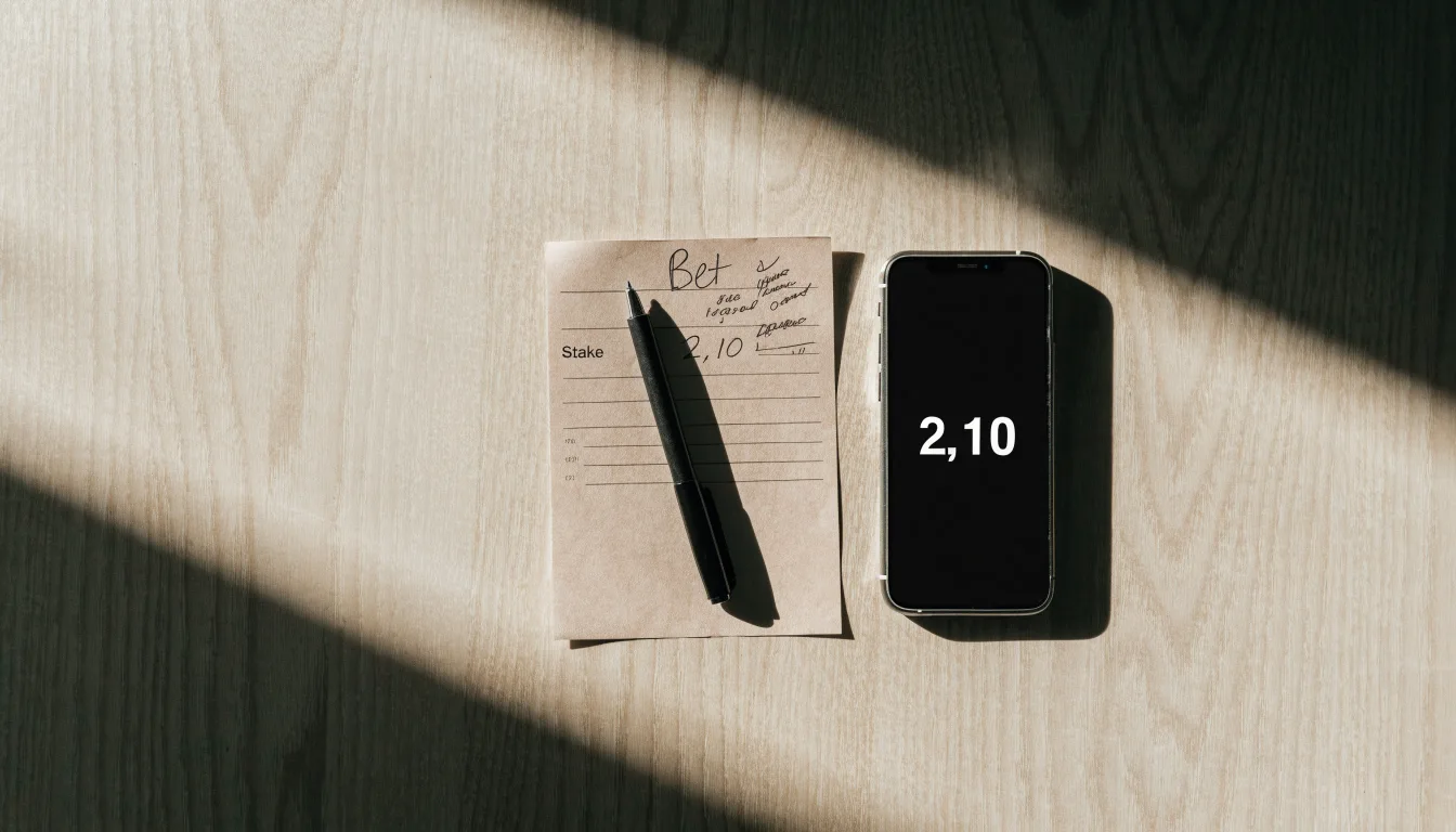 Ein leerer Papier-Wettschein und ein Kugelschreiber liegen auf einem Holztisch neben einem schwarzen Smartphone.