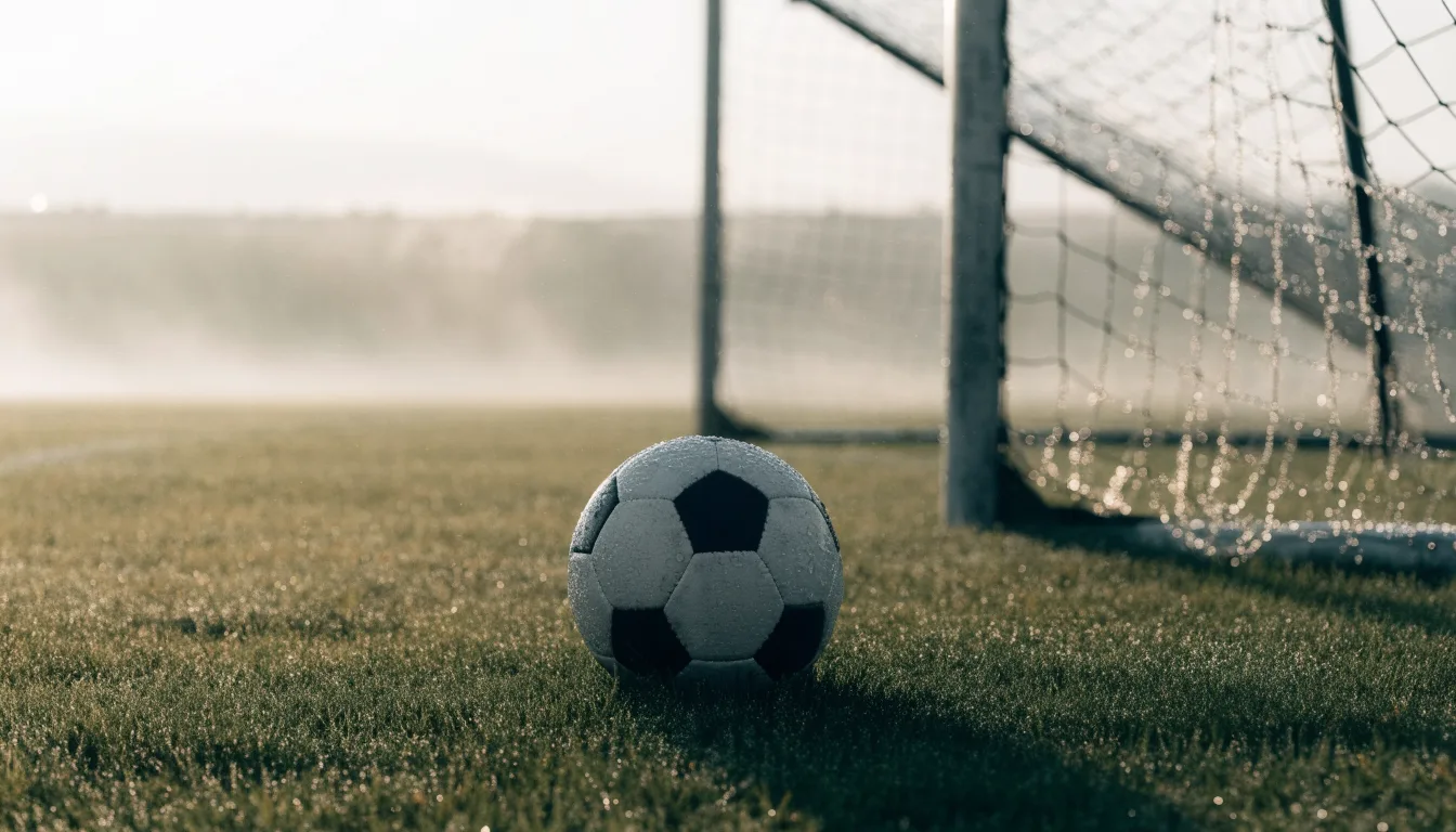 Ein Fußball liegt auf dem Rasen vor einem Tor im Morgennebel, die Netzmaschen sind taufeucht.
