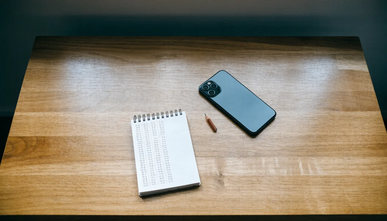 Ein Notizbuch mit handschriftlichen Zahlenreihen liegt neben einem Bleistift und einem Smartphone mit dunklem Display auf einem Tisch.