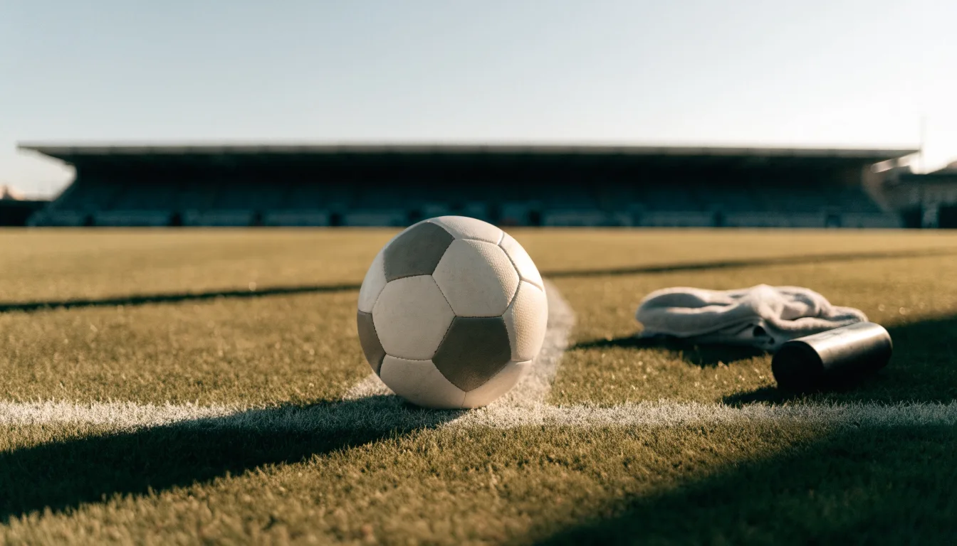 Ein Fußball auf einer Wiese neben der Seitenlinie, daneben eine Trinkflasche ohne Aufdruck und ein Handtuch.
