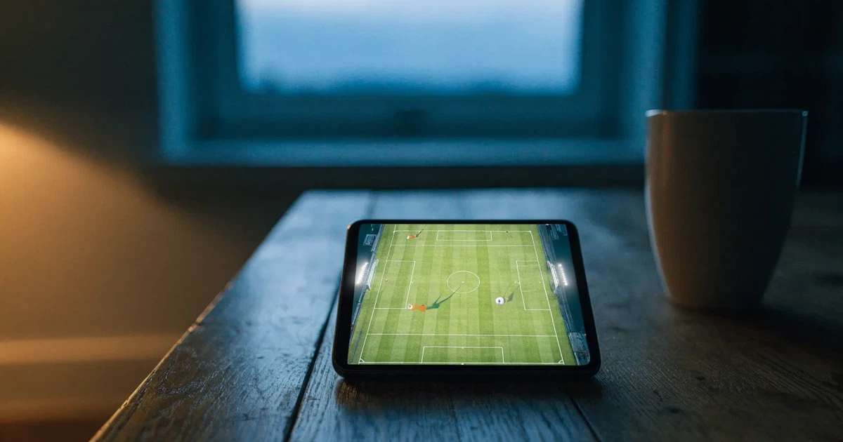 Ein Fußballstadion in der Dämmerung aus der Ferne, die Flutlichter gerade eingeschaltet, davor ein Kreisverkehr mit Laternen.