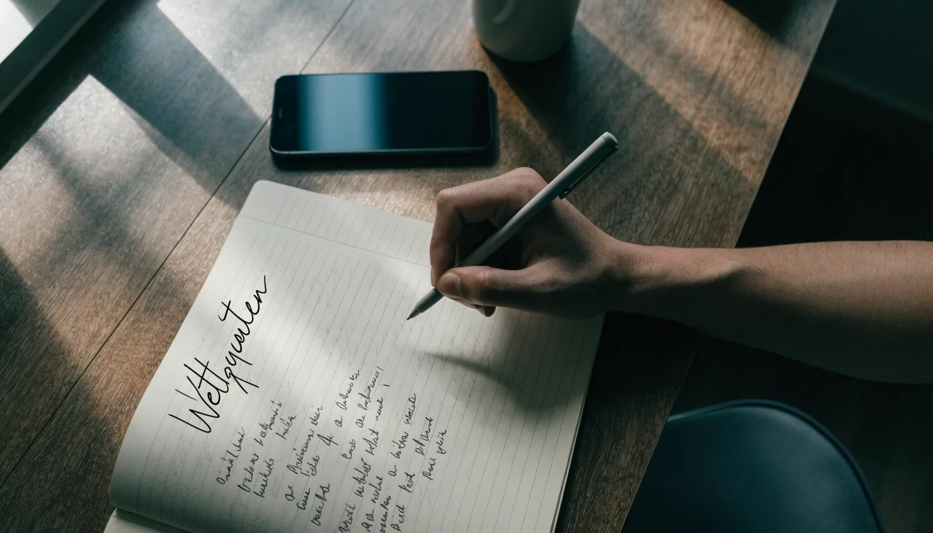 Ein Notizbuch mit handschriftlichen Notizen und ein Taschenrechner liegen auf einem Schreibtisch neben einem Smartphone mit dunklem Display.