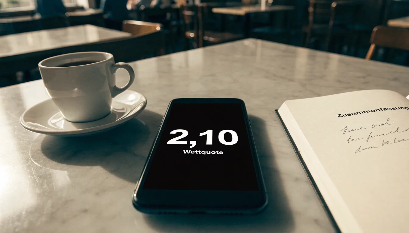 Ein Smartphone liegt mit schwarzem Display neben einer Kaffeetasse und einem Notizblock auf einem Café-Tisch.
