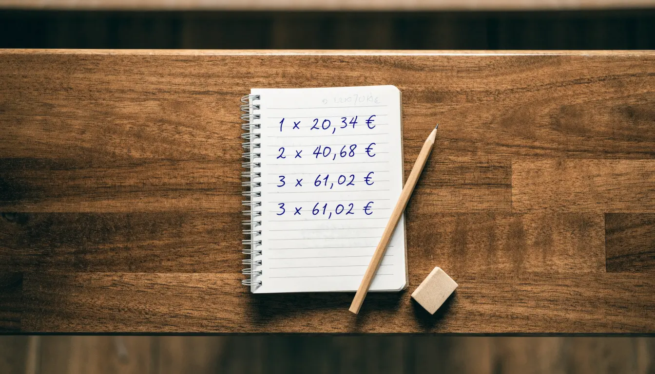 Ein Notizbuch mit handschriftlichen Multiplikationen liegt aufgeschlagen auf einem Holztisch, daneben ein Bleistift und ein Radiergummi.