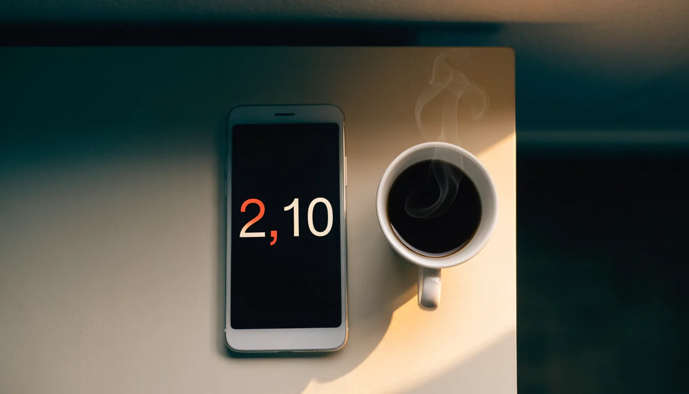Ein Smartphone mit dunklem Display liegt neben einer Kaffeetasse auf einem Schreibtisch, durch das Fenster fällt Abendlicht.