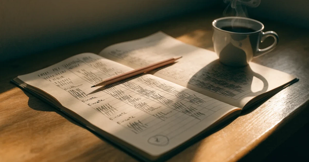 Ein aufgeschlagenes Notizbuch mit handgezeichneten Spalten und Strichen liegt neben einem Bleistift und einer Kaffeetasse auf einem Tisch am Morgen.