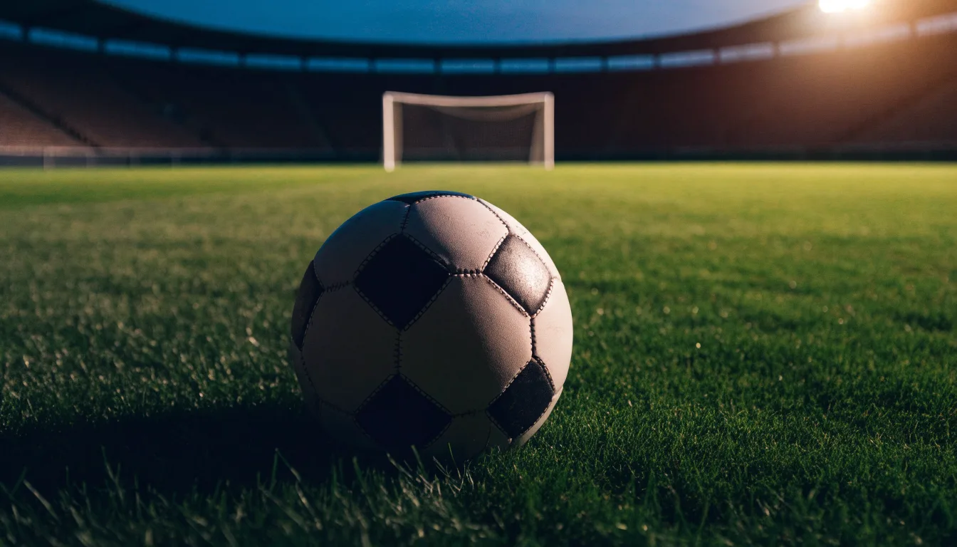 Ein Fußball liegt auf einem Rasenplatz in der Dämmerung, im Hintergrund ein ferner Stadionrand unter Flutlicht.