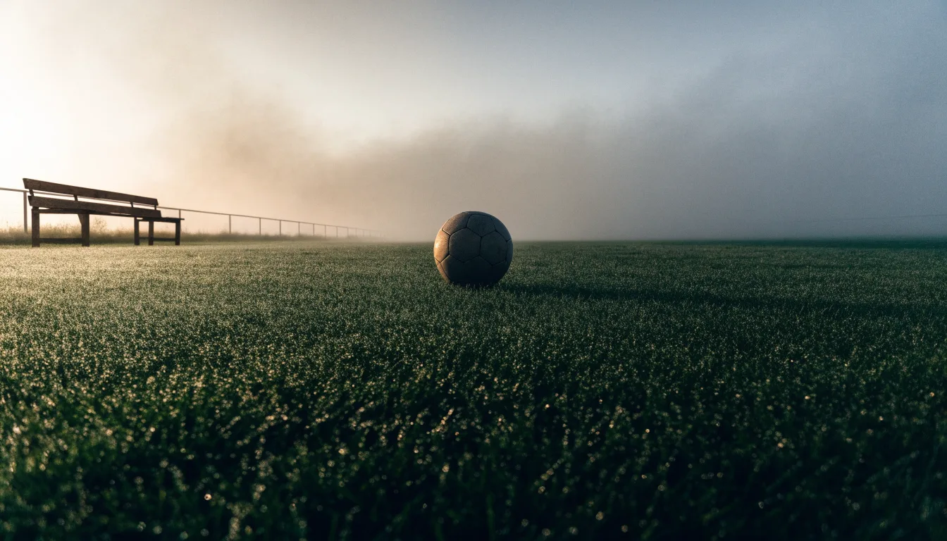 Ein Fußball liegt in der Mitte eines leeren Rasenplatzes im Morgennebel, am Rand steht eine einzelne Auswechselbank.