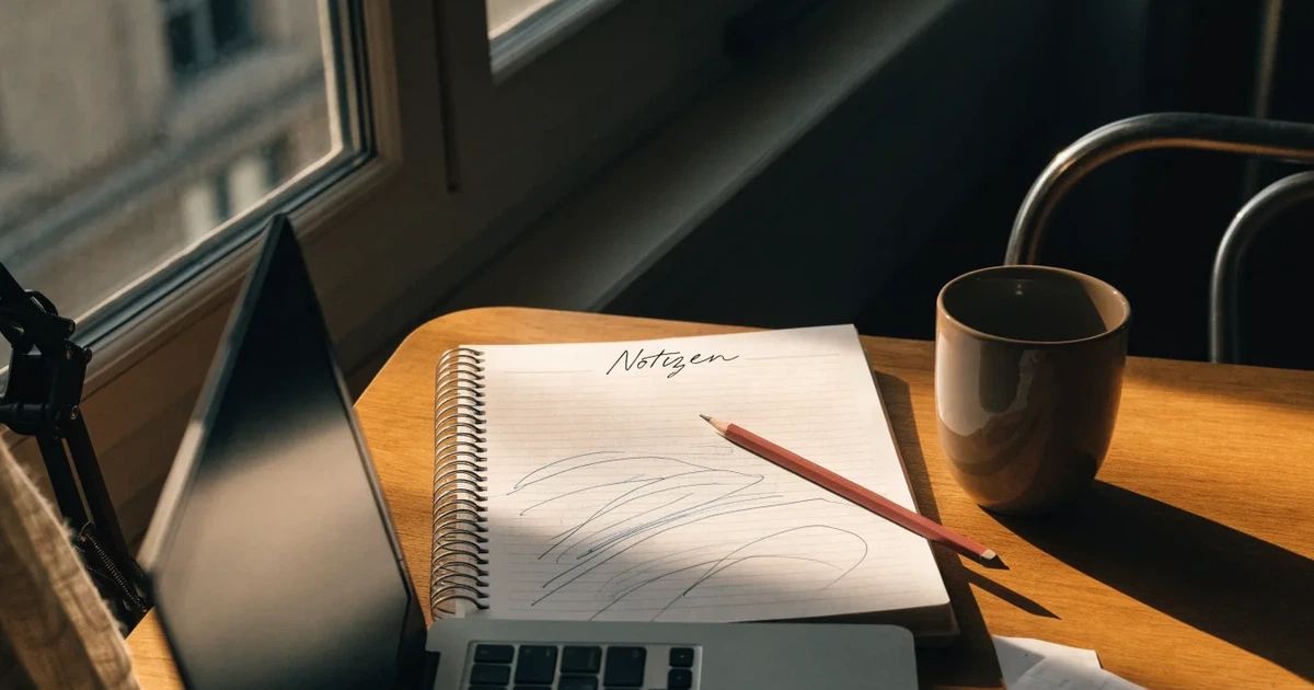 Ein Laptop-Bildschirm bleibt dunkel, davor ein Notizbuch mit handgezeichneten Kurven und ein Bleistift auf einem Schreibtisch am Fenster.