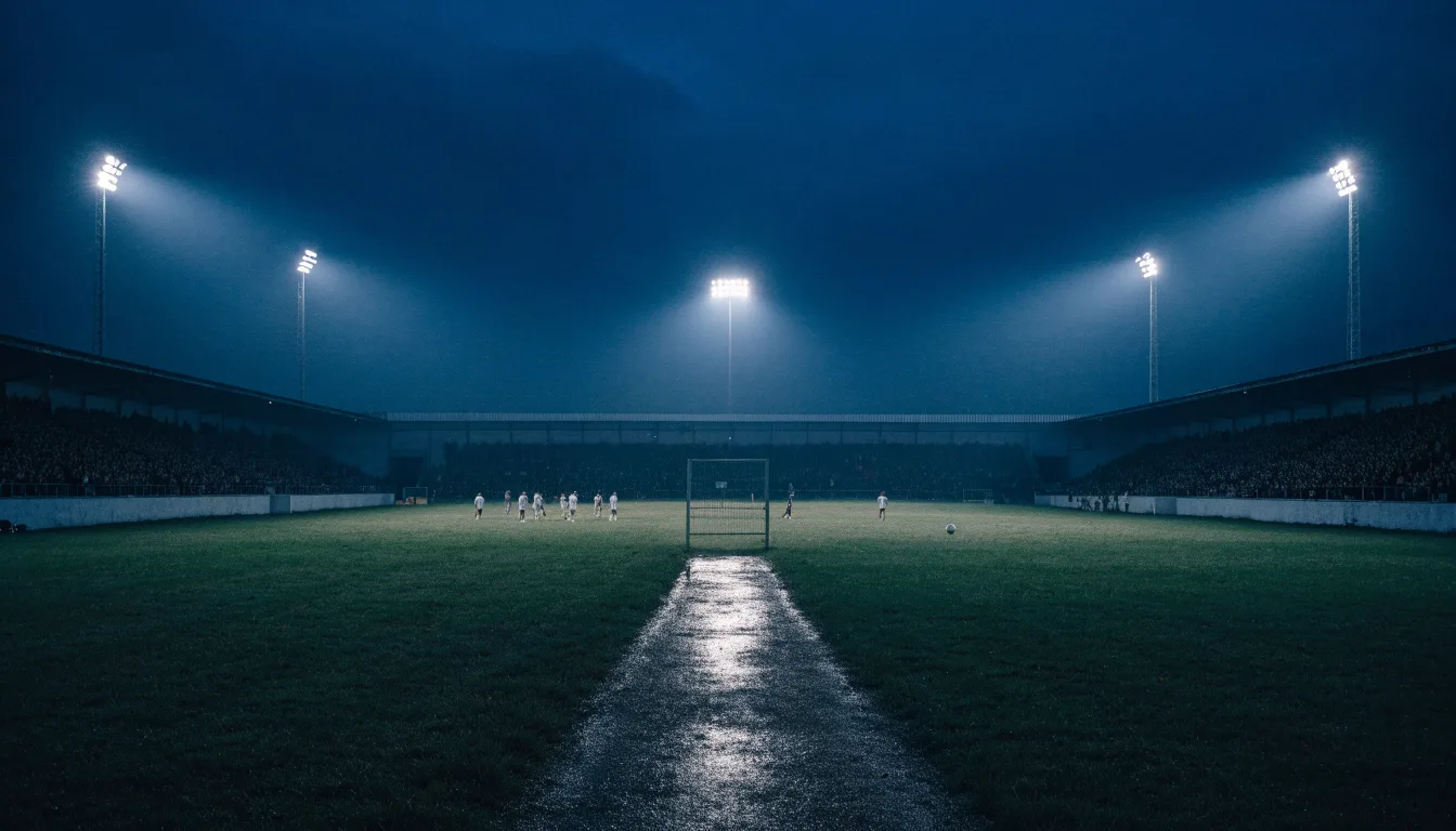 Ein Stadion unter Flutlicht von weitem gesehen, davor ein Feld und ein Feldweg im Dunkeln.